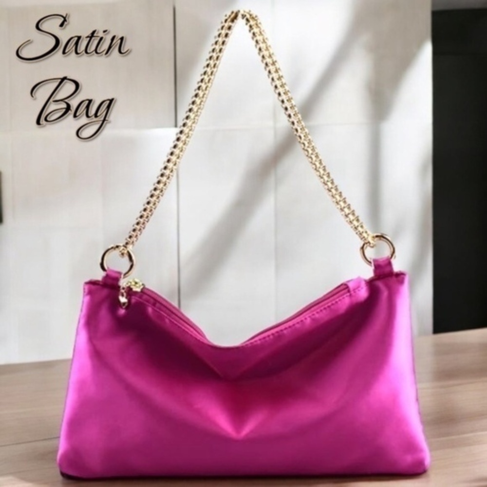 Hot Pink Satin Evening Clutch/Purse/Bag w/Detachable Gold Chain Strap NWT